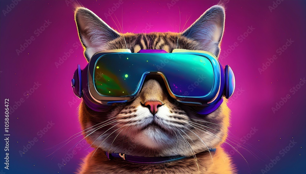 A cool cat wearing futuristic goggles against a vibrant, colorful background, exuding a playful and tech-savvy vibe. A cool cat wearing futuristic goggles against a vibrant, colorful background, exuding a playful and tech-savvy vibe.