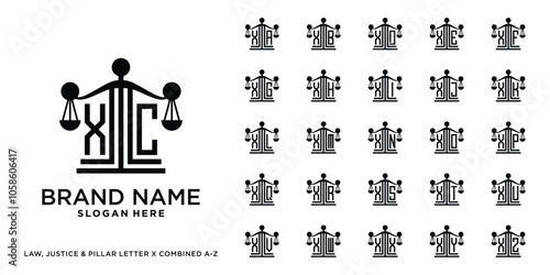 Set of justice, pillar, and law logo design initial x combined with letter a to z