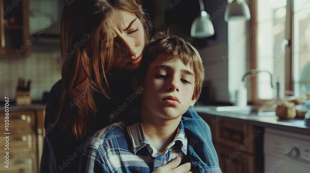 Obraz premium Mother comforts her upset son at home, addressing teenage challenges.