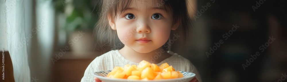 Child carefully holding a small plate with fruit pieces, eager expression, bright indoor light, and minimal background, showcasing their culinary skills. Child carefully holding a small plate with fruit pieces, eager expression, bright indoor light, and minimal background, showcasing their culinary skills.