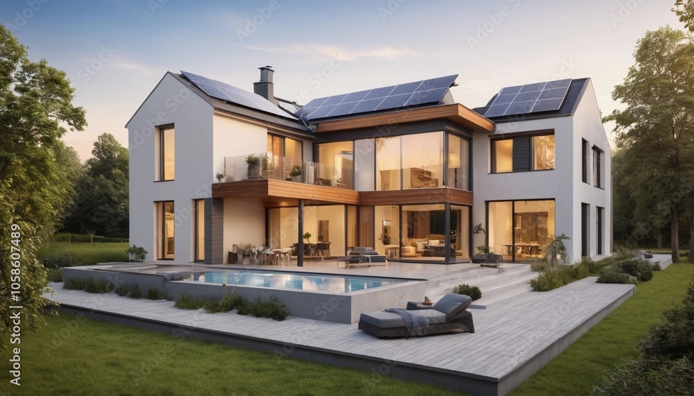 Today's modern eco-friendly home with solar power on the roof and morning sunlight. Today's modern eco-friendly home with solar power on the roof and morning sunlight.
