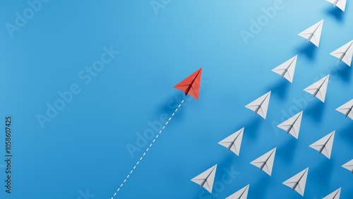 Blue paper plane are different from others and group of paper planes in one direction. Business for Innovative, solution concepts.3D rendering on blue background.