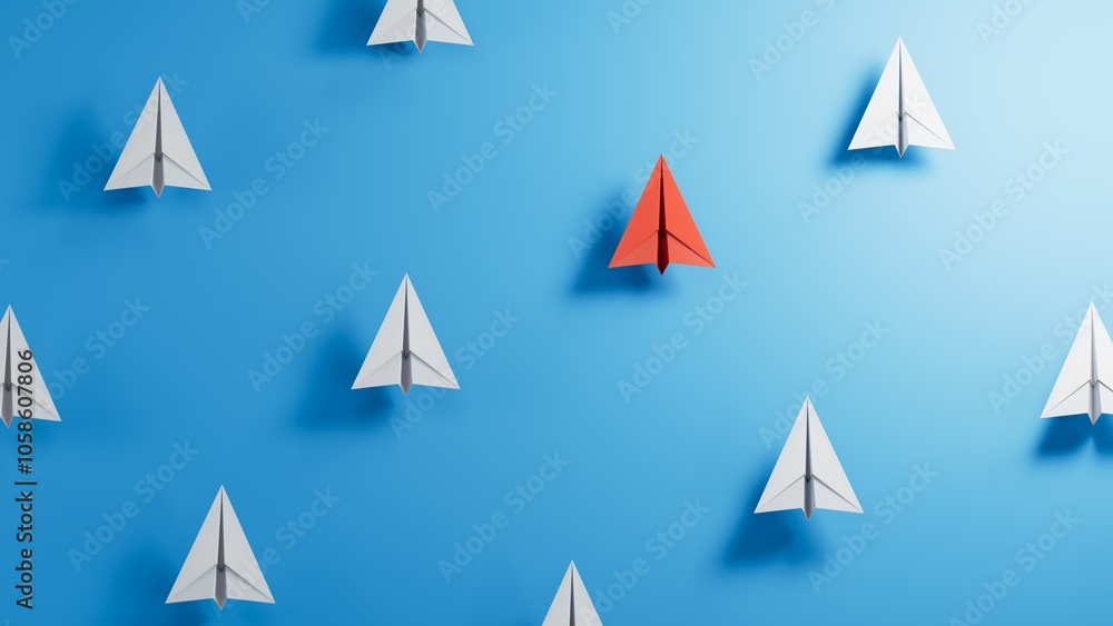 Hand of businessman choose red paper plane, Select leader or employees, Headhunting.new ideas. paper art style. creative idea.3D rendering on blue background.