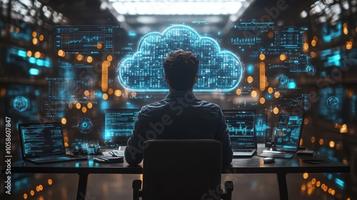 businessman working intently at his desk, downloading data from a cloud storage system, with futuristic cyber security visuals surrounding him, reflecting a high-tech workspace