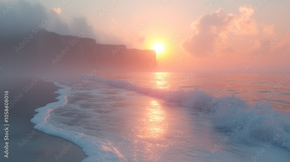 Fototapeta premium Serene beach at sunset with gentle waves and misty cliffs.