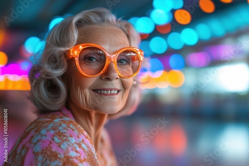 Senior woman with stylish retro glasses smiles in an upbeat rink illuminated by colorful lights.