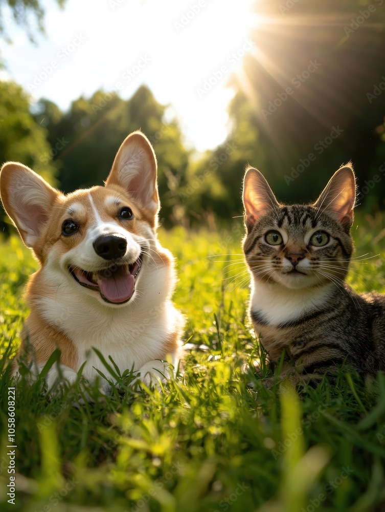 A cheerful corgi and a curious tabby cat sit together in a sunlit field, showcasing their playful bond and the joy of companionship in nature's beauty. A cheerful corgi and a curious tabby cat sit together in a sunlit field, showcasing their playful bond and the joy of companionship in nature's beauty.