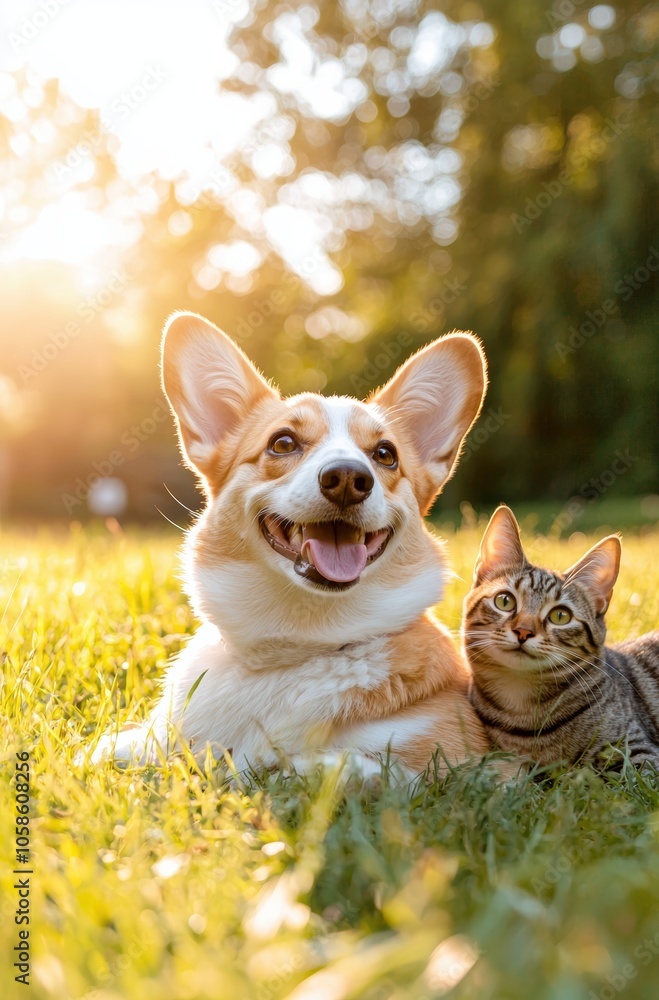 A cheerful corgi and a tabby cat enjoy a sunny day on the grass, capturing a moment of joy and companionship in a serene outdoor setting. A cheerful corgi and a tabby cat enjoy a sunny day on the grass, capturing a moment of joy and companionship in a serene outdoor setting.