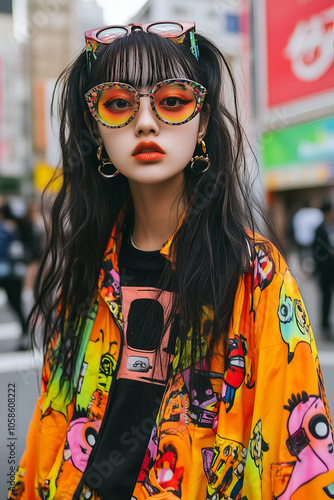 Fashionable young woman showcases a vibrant harajuku inspired ensemble, complete with a colorful cartoon print jacket and distinctive sunglasses, capturing the spirit of urban street fashion