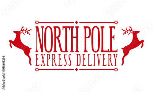 North pole express delivery. Christmas stamp design with reindeers. Holiday template for Xmas handmade gifts. Vector illustration
