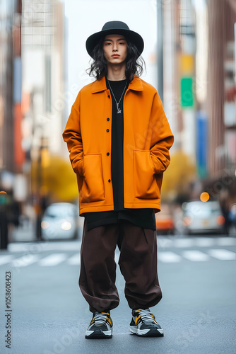 Stylish young male model flaunting modern streetwear fashion on city streets, with a blurred urban backdrop, emphasizing the latest clothing and accessory trends
