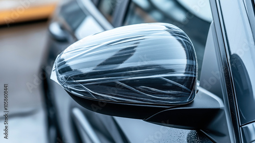 Close-up of a car side mirror wrapped in protective plastic film on a rainy day, highlighting vehicle maintenance and protection. photo