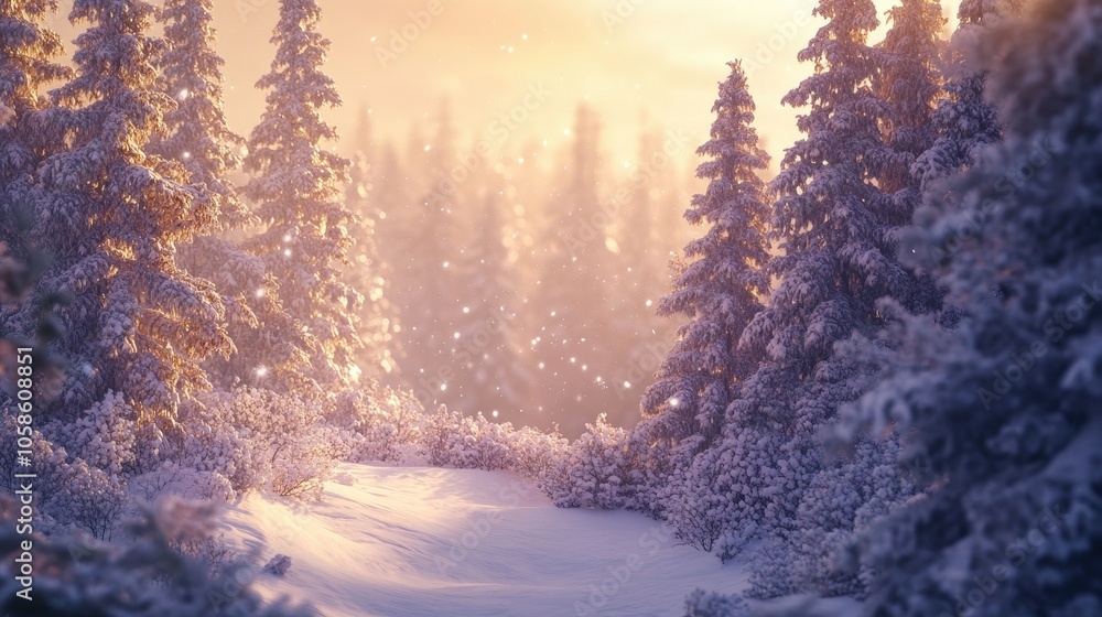 Winter forest landscape adorned with snow in the evening light, capturing the serene beauty of a winter forest scene, ideal for evoking a tranquil winter atmosphere. Photo with copy space. Winter forest landscape adorned with snow in the evening light, capturing the serene beauty of a winter forest scene, ideal for evoking a tranquil winter atmosphere. Photo with copy space.