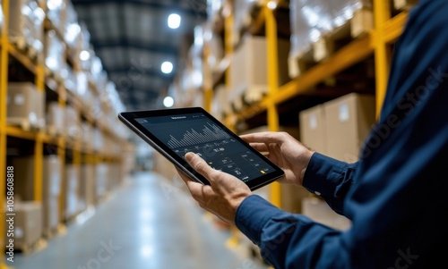 A warehouse worker holds an iPad while managing inventory in a modern storage facility. The technology aids in efficient stock tracking and analysis in logistics.