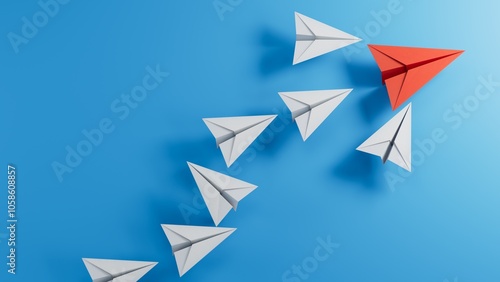 business. Leaderplane concept image with paper planes on blue wooden background. One leader guiding others.3D rendering on blue background.