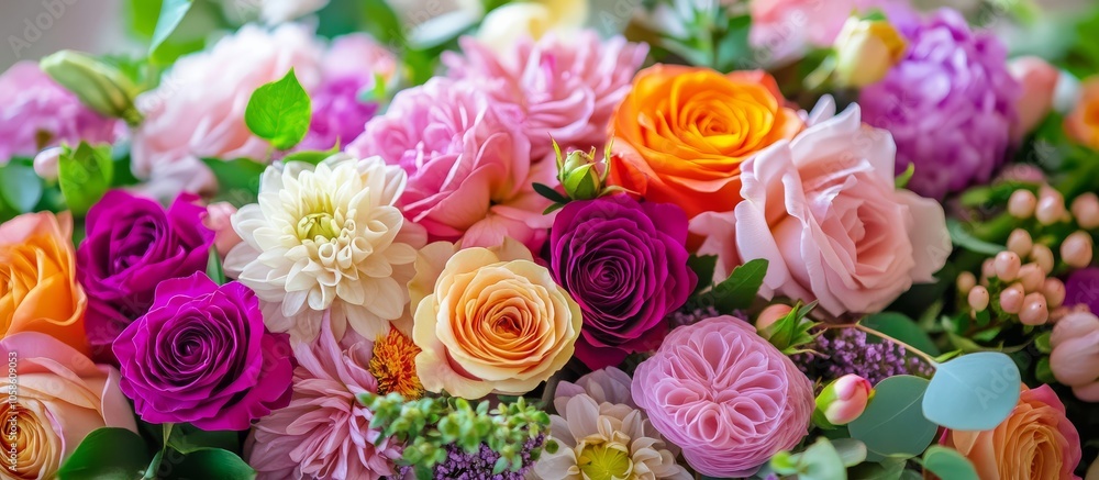 Fototapeta premium A vibrant bouquet of colorful flowers accentuates the table's beauty.