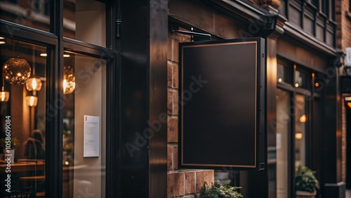 Blank black sign on brick building.