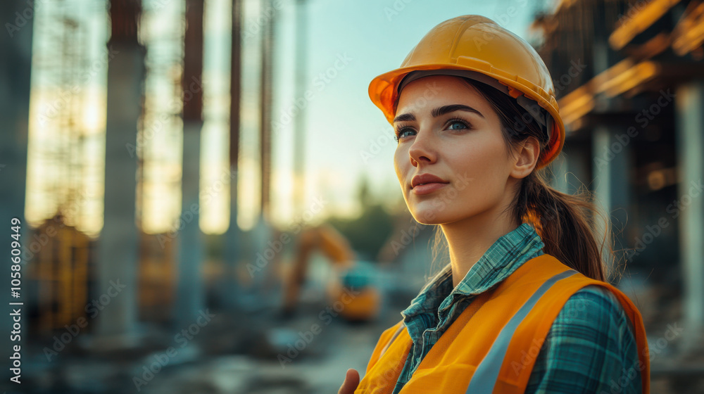 Young woman wearing a hard hat and glasses smiles confidently at a construction site during daylight hours Young woman wearing a hard hat and glasses smiles confidently at a construction site during daylight hours