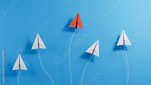 leaderplane or different concept with red and white paper airplane path and route line on blue background. Digital craft in education or travel concept. Mock up design. 3d abstract illustration photo