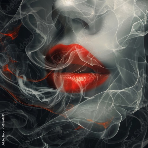 Red lips and pale skin, with black lace smoke swirling around them. Background is a gradient from light gray to dark gray, creating an abstract female erotic style. Digital art photo