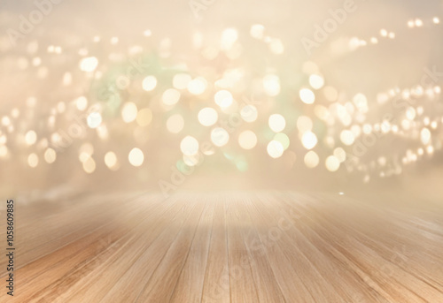 A wooden surface fades into a soft, blurred background with shimmering lights.