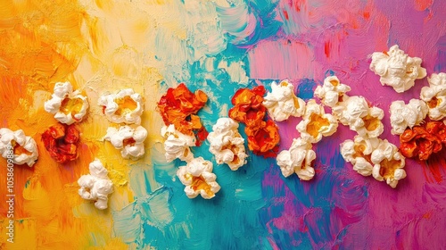 A vibrant, painted popcorn texture creates a colorful background, embodying the essence of this popular movie snack with an artistic flair and ample copy space. photo