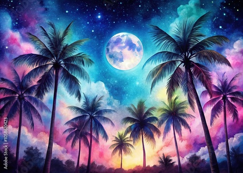 Watercolor Palm Trees Night Photography Illustration