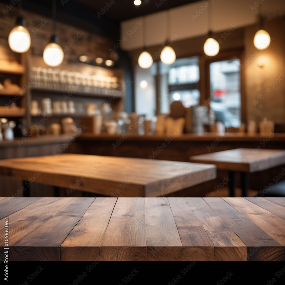 Empty wood table with blur interior outdoor space coffee restaurant or cafe for background Empty wood table with blur interior outdoor space coffee restaurant or cafe for background