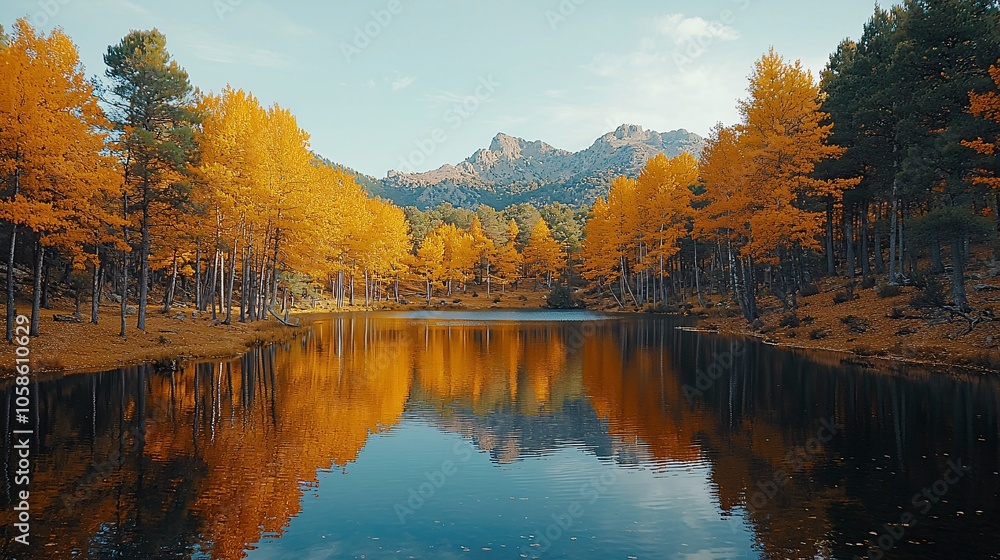 Obraz premium Serene Autumn Lake with Golden Trees and Mountain Reflection