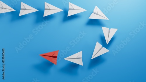 White paper plane origami leading red planes on dark background. Leaderplane skills concept.3D rendering on blue background.