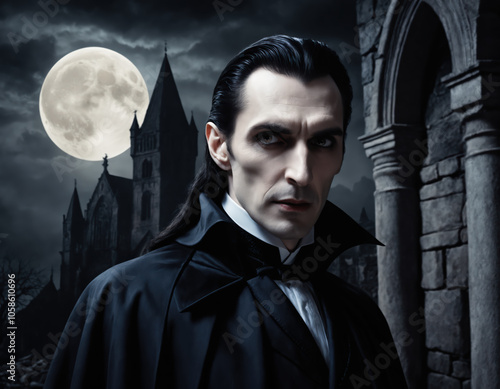 Portrait of vampire count Drakula in his castle.