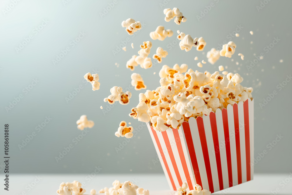 Popcorn bursts out of a red-and-white striped box, with fluffy kernels floating mid-air against a soft background. Popcorn bursts out of a red-and-white striped box, with fluffy kernels floating mid-air against a soft background.