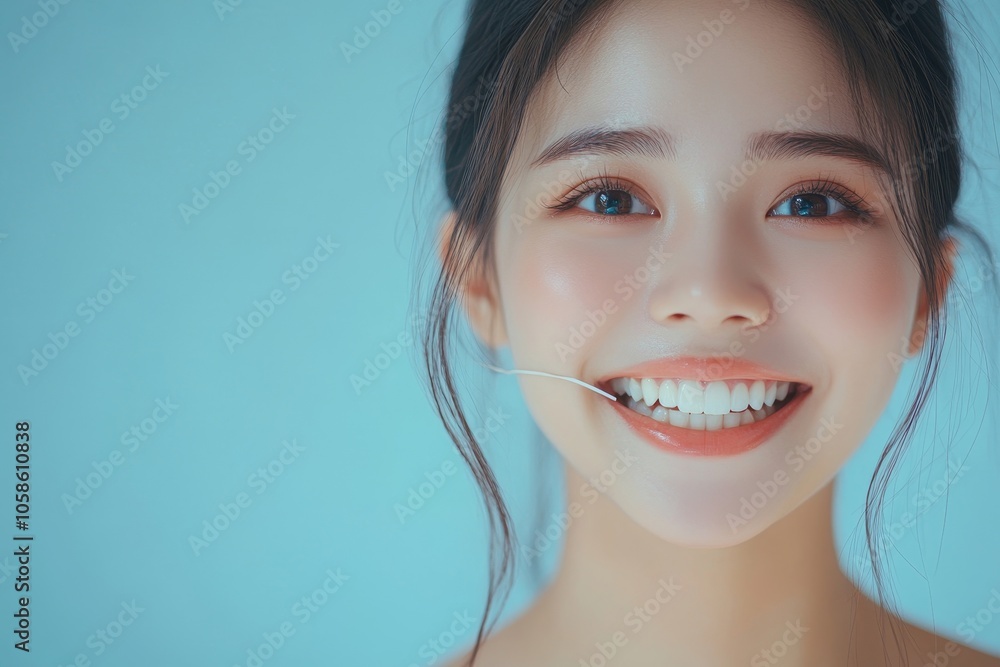 Flossing teeth, dental care hygiene concept, asian young woman flossing teeth with dental floss, smile happy with perfect white teeth, using tooth floss cleaning, healthy teeth isolated, Generative AI Flossing teeth, dental care hygiene concept, asian young woman flossing teeth with dental floss, smile happy with perfect white teeth, using tooth floss cleaning, healthy teeth isolated, Generative AI