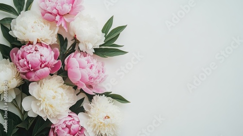 Cluster of pink and white peonies arranged beautifully against a white background. Ideal for wedding invitations, blogs, and greeting cards with plenty of photo style copy space.