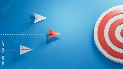 Concept illustration Leaderplane. 2 white paper planes and 1 red plane on a light blue background.3D rendering on blue background.