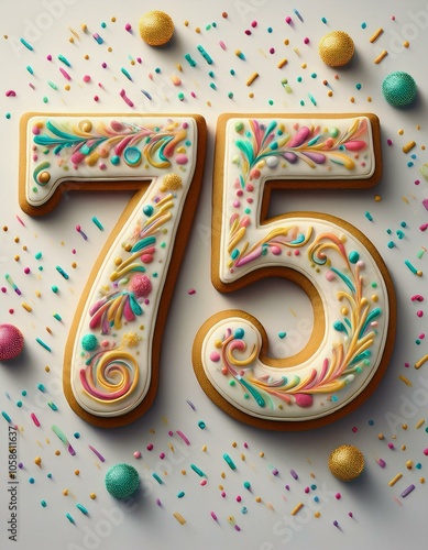 Decorated cookie, number 75, image for birthday or anniversary celebration photo