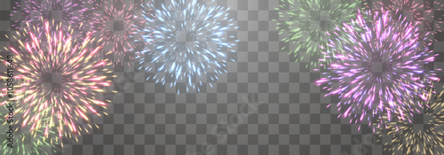 Festive fireworks with brightly shining sparks. New Year's Eve fireworks. Realistic sparks and explosions. Colorful pyrotechnics show. Vector isolated on png background.