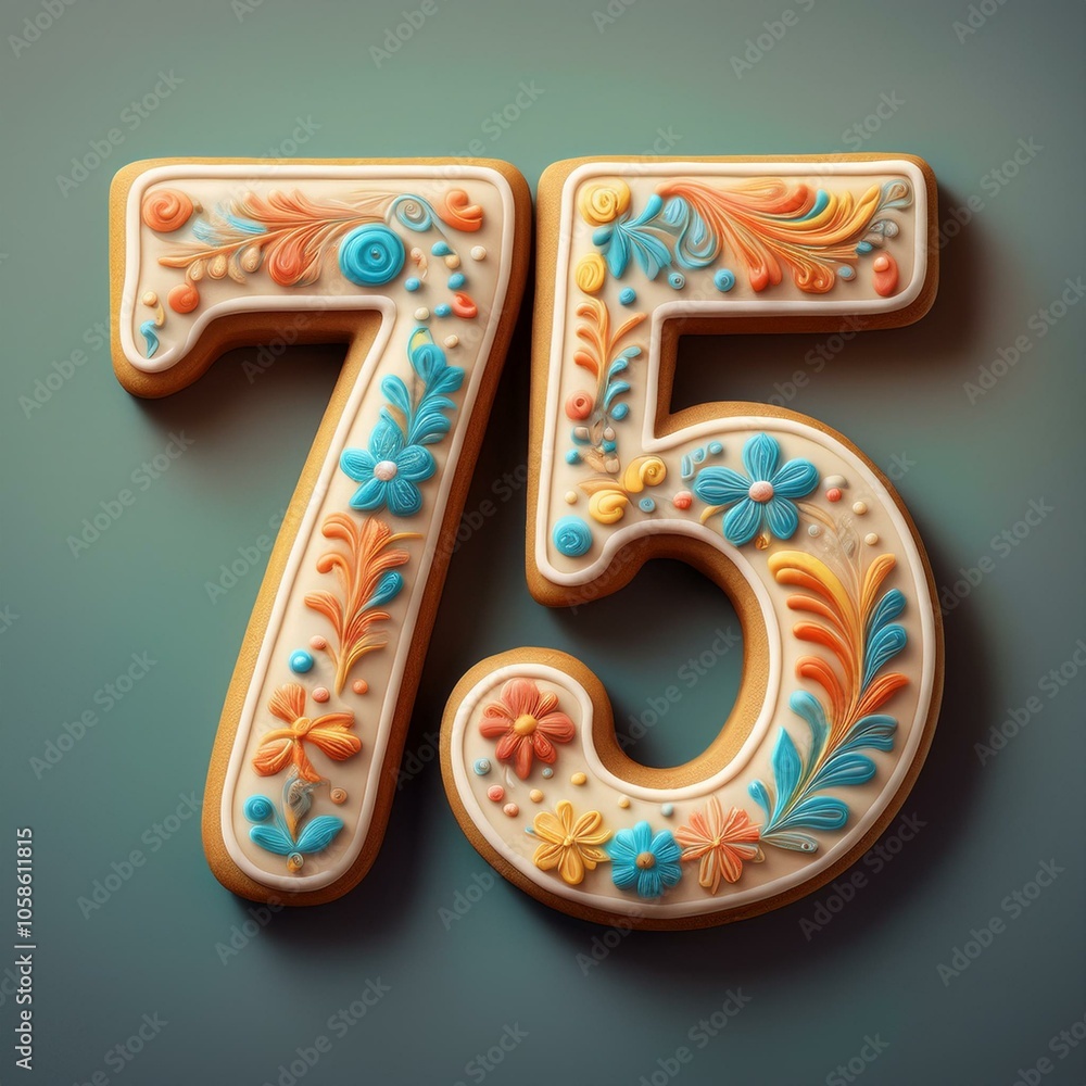 Decorated cookie, number 75, image for birthday or anniversary celebration Decorated cookie, number 75, image for birthday or anniversary celebration
