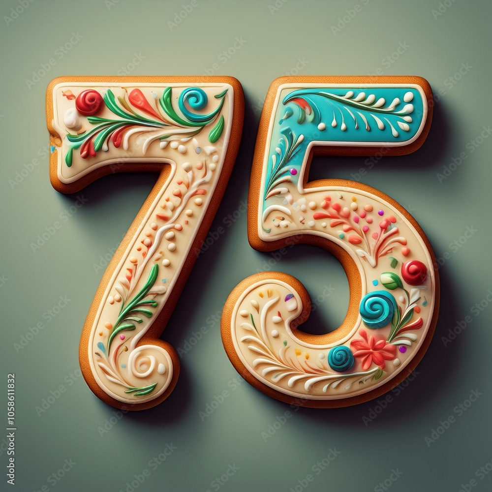 Decorated cookie, number 75, image for birthday or anniversary celebration Decorated cookie, number 75, image for birthday or anniversary celebration