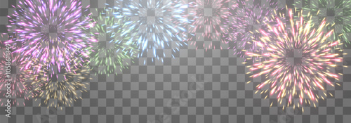 Festive fireworks with brightly shining sparks. New Year's Eve fireworks. Realistic sparks and explosions. Colorful pyrotechnics show. Vector isolated on png background.