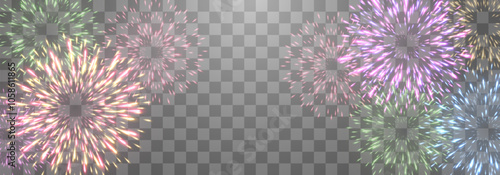Festive fireworks with brightly shining sparks. New Year's Eve fireworks. Realistic sparks and explosions. Colorful pyrotechnics show. Vector isolated on png background.