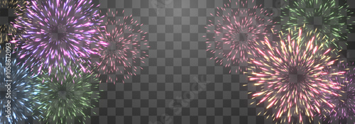 Festive fireworks with brightly shining sparks. New Year's Eve fireworks. Realistic sparks and explosions. Colorful pyrotechnics show. Vector isolated on png background.