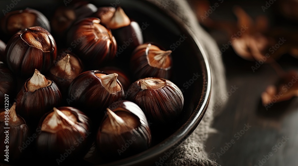 Roasted chestnuts in a bowl create a warm and inviting atmosphere, perfect for autumn and winter food accessories. This image highlights roasted chestnuts with ample copy space. Roasted chestnuts in a bowl create a warm and inviting atmosphere, perfect for autumn and winter food accessories. This image highlights roasted chestnuts with ample copy space.