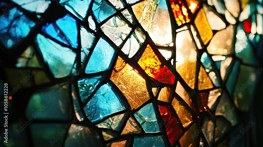 A broken stained glass window reveals the intricate patterns of broken glass, creating a unique visual appeal. The contrast of colors and textures draws attention while leaving ample space for design.