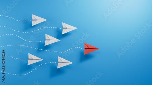 Individual red leader paper plane lead other. Business and leaderplane concept.new ideas. paper art style. creative idea.3D rendering on blue background.