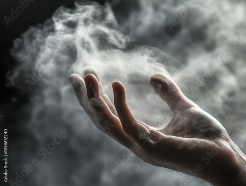 A hand reaches out, surrounded by a misty swirl, evoking a sense of mystery and ethereal beauty.