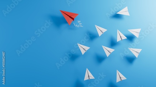 Leaderplane of Red paper airplane concept between white paper airplane. Key man and Business successful with one direction together. Black texture illustration background 3D.