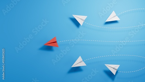 Leaderplane or different concept. Business investment to success. Red and white paper airplane route line on blue background.3D rendering on blue background.