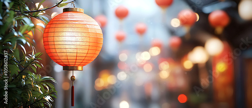 Softly glowing lanterns illuminate a narrow alleyway creating a magical atmosphere at dusk