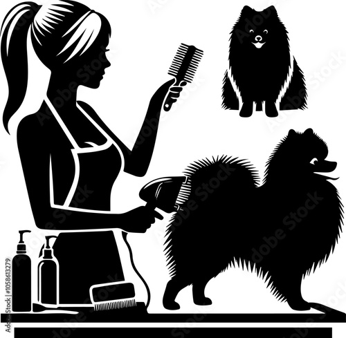 silhouette of a person with a dog, pet grooming